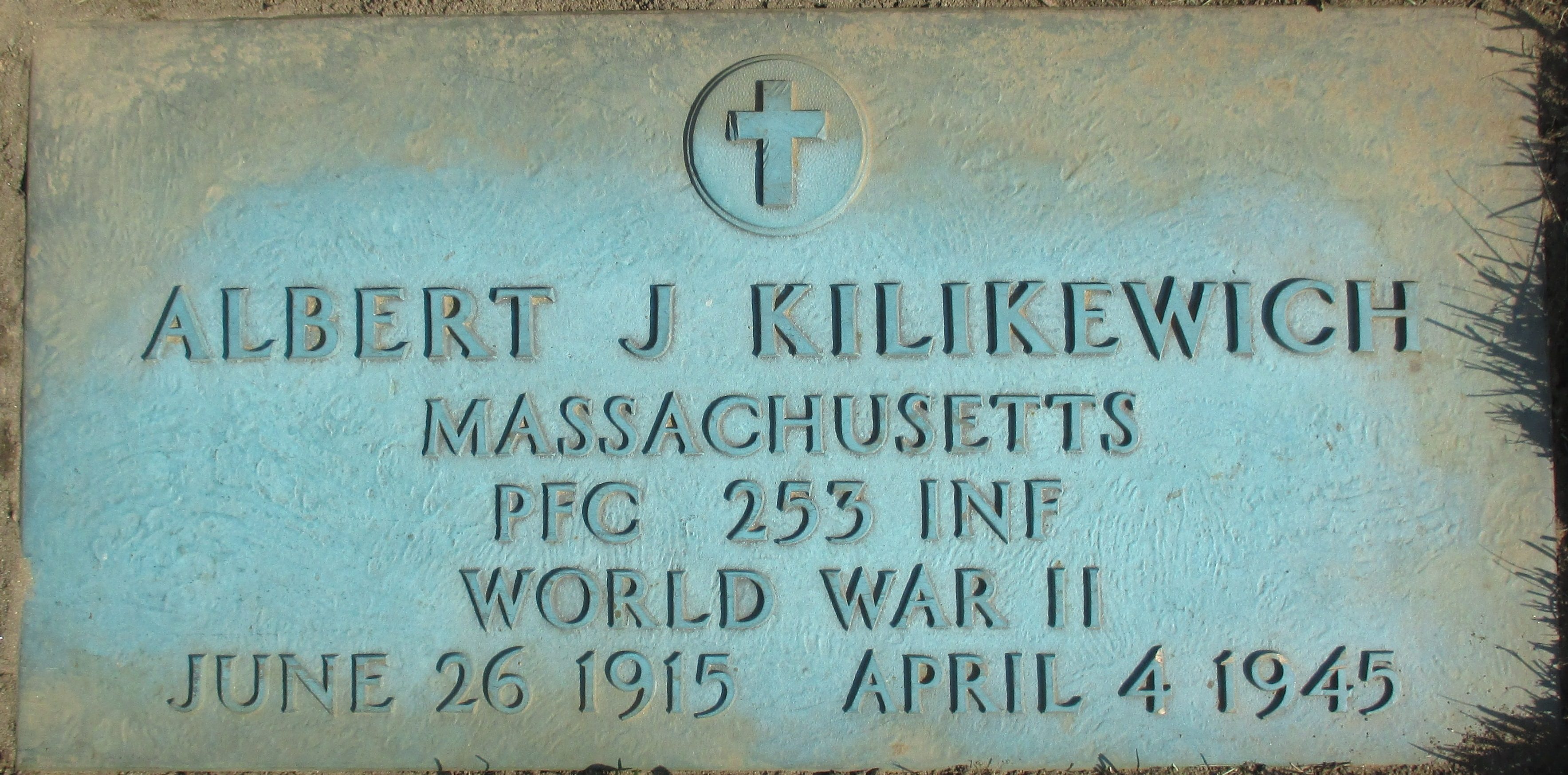 PFC Albert Joseph Kilikewich 31460335 US Army KIA. He was born on June 26, 1915, in Northampton, Massachusetts,the son of William Killikewich, and Barbara Killikewich. He was the husband of Gladys C Bourget Kilikewich. He entered the US Army on March 31, 1944, at the age of 28.  He served in First Platoon, Company F, 253rd Infantry Regiment, 63rd Infantry Division.On April 4, 1945, after First Platoon had crossed the Jagst River, in to the town of Untergriesheim, they were clearing out the houses to guarantee that the town was safe for them to stay in since they were the reserve company. PFC Robert M. Bane and PFC Albert J. Kilikewich were in the backyard of one of the houses in the town of Untergriesheim. The two men were relaxing after completing their second river crossing in the past three days. The men were laying about 15 feet away from each other, talking and opening can rations. Robert Bane was extremely excited about the can of cheese and bacon that he had been saving to eat for about a month. At this point, an artillery piece exploded and sent large pieces of shrapnel at the men, and the explosion sent the can of cheese and bacon flying from Bane’s hand. PFC Bane was shouting and screaming every curse word he knew, and he thought it was odd that Kilikewich was not saying anything. Bane looked over, and Kilikewich had been killed by the shrapnel. Bane then started to check himself for shrapnel, and noticed that he was saved by his rifle stock of his Thompson submachine gun that received a large piece of shrapnel in it. After clearing the town, F Company remained in the cellars of the town all day on 4 April to prevent any more deaths from the artillery. The town of Untergriesheim had artillery dropping on it until around 0800 on 6 April. He died at the age of 29. He was Awarded the Combat Infantry Badge, the Purple Heart Medal, The American Theater of operations, the European Theater of Operations Medal ETO with 2 battle star, and the World War Two Victory Medal.