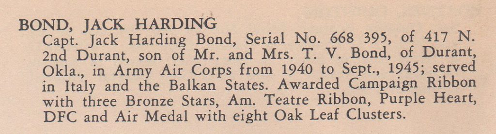 BOND JACK HARDING 668395 Purple Heart, DFC AM ETO -Bryan County ...