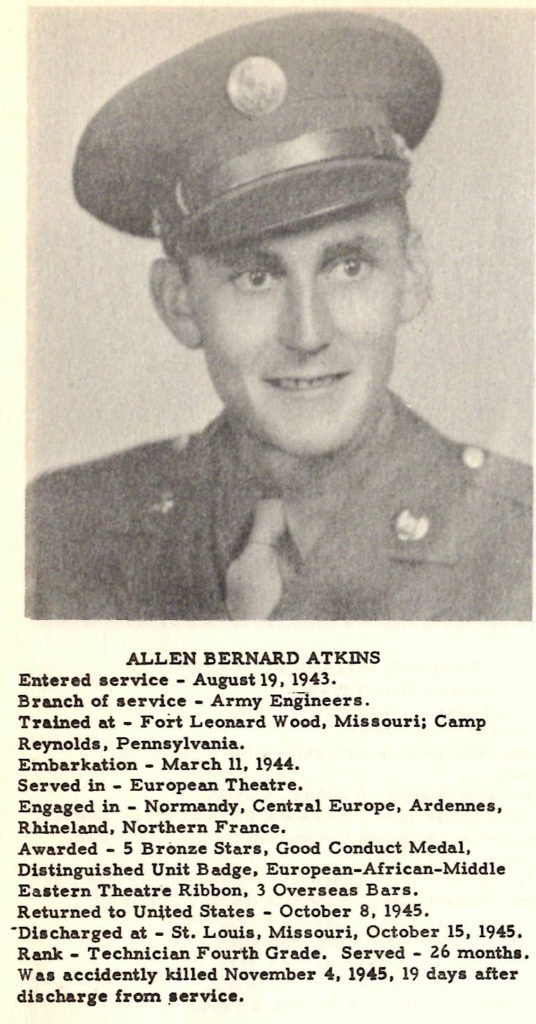 Atkins Allen Bernard Army ETO Killed in Action November 4, 1945 Non
