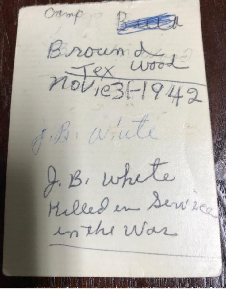 Staff Sargent J. B. White 38147060 US Army KIA. He was born on June 3, 1919 in Olney, Texas, the Son of Wiley and Fannie White and he grew up in Haskell Texas.  He married Ira Belle Terrell on October 20, 1940 in Haskell Texas. He entered the US Army on March 20, 1942 at the age of 22, at Fort Sill Oklahoma. At the time of his enlistment he was 6 foot 2 inches tall had blonde hair and gray eyes and weighed 158 pounds. By November 1942 he had achieved the rank of Corporal and was serving in the 359th Infantry Regiment, 90th Infantry Division. He got to England on April 5, 1944 and trained for 2 months for the upcoming invasion. He would have entered France between June 6 – 10, 1944 on Utah Beach, Normandy. “On June 14, 1944, the 359th Infantry Regiment was ordered to seize the municipality of Orglandes, the last obstacle before Sainte-Colombe. But the division was engaged in the difficult decision of Gourbesville: the German resistance, as well as the problems of coordination in the allied ranks, delay the tempo of the American global offensive. The 359th Infantry Regiment bypasses Gourbesville from the south and continues towards Orglandes. Defense is favored by a very compartmentalized terrain, where anti-tank weapons can cause significant damage to the assailant.” S/Sgt White would have been killed in action during this action on June 14, 1944, at the age of 25. He was awarded the Purple Heart Medal (PHM), the Bronze Stare Medal, the American Campaign Medal, the European Campaign Medal, the World War Two Victory Medal, the Combat Infantry Badge. His body was returned to the United states in 1949 and was burred at Haskell Texas.