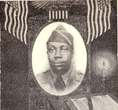 Pvt. Augusta Sanders, US Army. He was the son of E. D. Sanders, Marshall, attended Marshall Cent. Col. High. Entered Army, 1942, trained in Cal. and Wash. Served in AP. Awarded PTO Ribbon and GCM. Discharged in 1944.