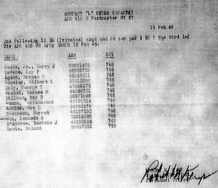 T/4 Dominic James D'Andrea 42180535 US Army. He was born on July 6, 1926 the son of Marie D'Andrea. He entered the US Army on September 6, 1944 at the age of 18. At the time of his enlistment he was 5 foot 8 inches tall weighed 158 Pounds had brown eyes and brown hair. He entered L Company,  253rd Infantry regiment, 63rd Infantry Division on February 13, 1945. He served with L Company until he was wounded in Action on April 20, 1945, his wound was shrapnel to the leg and he was taken to the 95th evacuation hospital. On April 20, 1945  L Company, 253rd Inf., attacked at 0800, southeast toward Buch Germany and entered the town at 0935. Heavy enemy artillery fire forced the company out of town to the high ground on the north. L Company attacked again at 1300, taking the town at 1435 while under heavy small arms fire. The company then moved toward the town of Oberschmerach and seized that town at 1735 while under artillery fire from self-propelled guns. The company immediately attacked to the which was the source of southeast and took the woods, the SP fire, 1000 yards from town, at 1940. These actions resulted in the capture of some 34 prisoners. He was awarded the Combat Infantry Badge, the Bronze Star Medal, the Purple Heart Medal, the Good Conduct Medal, The American Theater of operations, the European Theater of Operations Medal ETO with 2 battle star, the World War Two Victory Medal, and the Army of Occupation Medal. 