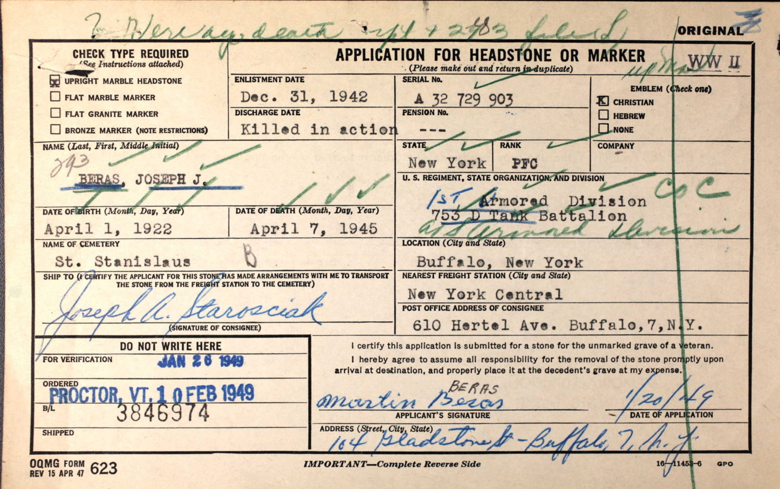 Beras Joseph J. 32729903 US Army KIA Killed in Action April 7 1945 ...